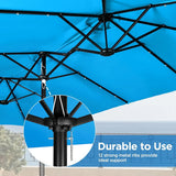 15 ft Large Patio Umbrella with Solar Lights Double-Sided Outdoor Rectangle Market Umbrellas with 36 LED Lights/Base Included/Easy Crank for Patio Garden Yard Pool Lawn, Brown