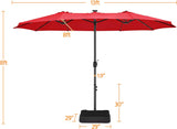 15 ft Large Patio Umbrella with Solar Lights Double-Sided Outdoor Rectangle Market Umbrellas with 36 LED Lights/Base Included/Easy Crank for Patio Garden Yard Pool Lawn, Brown