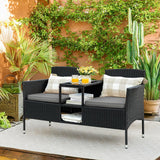 Flamaker Outdoor Furniture Patio Loveseat Wicker 2-Seat with Built-in Table and Cushions Rattan Porch Chairs Bench for Balcony, Lawn, Backyard (Beige)