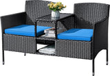 Flamaker Outdoor Furniture Patio Loveseat Wicker 2-Seat with Built-in Table and Cushions Rattan Porch Chairs Bench for Balcony, Lawn, Backyard (Beige)