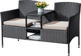 Flamaker Outdoor Furniture Patio Loveseat Wicker 2-Seat with Built-in Table and Cushions Rattan Porch Chairs Bench for Balcony, Lawn, Backyard (Beige)