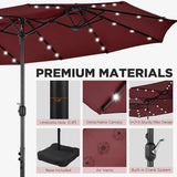 15 ft Large Patio Umbrella with Solar Lights Double-Sided Outdoor Rectangle Market Umbrellas with 36 LED Lights/Base Included/Easy Crank for Patio Garden Yard Pool Lawn, Brown