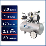 Air Tools 8010 Ultra Quiet Oil-Free Air Compressor, 1.0 HP, 8 Gallon, 120 PSI, 60 dB Noise Level