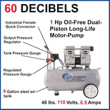 Air Tools 8010 Ultra Quiet Oil-Free Air Compressor, 1.0 HP, 8 Gallon, 120 PSI, 60 dB Noise Level