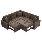 82.6 in. L Shaped Corded Velveteen Modern Sectional Sofa Pull-out Sleeper Sofa in. Brown with USB Ports, Power Sockets