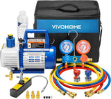 A single-stage rotary vane air vacuum pump with 110V, 1/3 horsepower and 4 cubic feet per minute, as well as an R134a AC manifold pressure gauge kit (with leak detector carry bag), is suitable for HVAC refrigeration and charging applications.