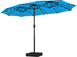 15 ft Large Patio Umbrella with Solar Lights Double-Sided Outdoor Rectangle Market Umbrellas with 36 LED Lights/Base Included/Easy Crank for Patio Garden Yard Pool Lawn, Brown