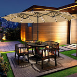 15 ft Large Patio Umbrella with Solar Lights Double-Sided Outdoor Rectangle Market Umbrellas with 36 LED Lights/Base Included/Easy Crank for Patio Garden Yard Pool Lawn, Brown