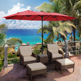15 ft Large Patio Umbrella with Solar Lights Double-Sided Outdoor Rectangle Market Umbrellas with 36 LED Lights/Base Included/Easy Crank for Patio Garden Yard Pool Lawn, Brown
