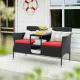 Flamaker Outdoor Furniture Patio Loveseat Wicker 2-Seat with Built-in Table and Cushions Rattan Porch Chairs Bench for Balcony, Lawn, Backyard (Beige)