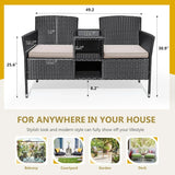 Flamaker Outdoor Furniture Patio Loveseat Wicker 2-Seat with Built-in Table and Cushions Rattan Porch Chairs Bench for Balcony, Lawn, Backyard (Beige)