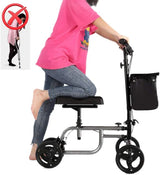 4 Wheels Knee Scooter Walker, All Terrain Rolling Steerable Adjusted Height Walking Aid with Storage Bags