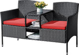 Flamaker Outdoor Furniture Patio Loveseat Wicker 2-Seat with Built-in Table and Cushions Rattan Porch Chairs Bench for Balcony, Lawn, Backyard (Beige)