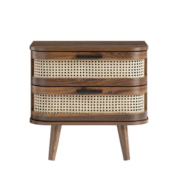 Meeqa Walnut Curved Rattan 2-Drawer Nightstand